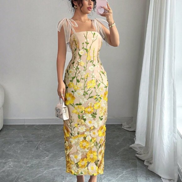 yellow Elegant Women's Mesh 3d Flower print Strap tie Maxi Dress - Picture 1 of 4